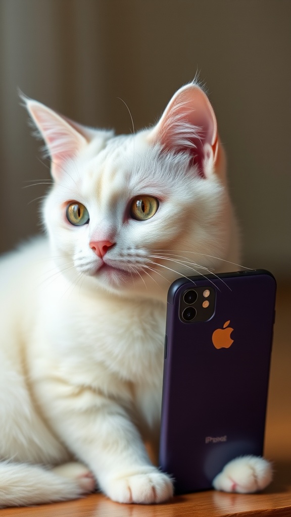 A fluffy white cat poses adorably with a smartphone.