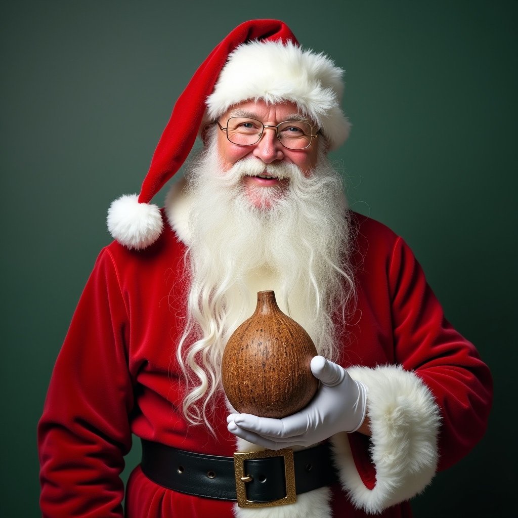 Santa Claus in a red suit holds a coconut oil bottle. He has a joyful expression. Image emphasizes education and holiday spirit.