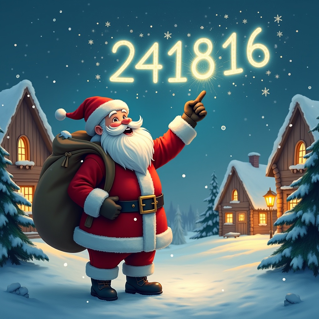 In this enchanting winter scene, Santa Claus is dressed in his iconic red suit, complete with a fluffy white beard and a large sack over his shoulder. He's standing in a snowy village, pointing up at the sky where he is magically writing the name '241816' with glowing light. Snowflakes gently fall around him, and charming wooden houses with warm lights can be seen in the background, surrounded by evergreen trees. The overall atmosphere is festive and joyful, capturing the spirit of Christmas. This image embodies the wonder of the holiday season, inviting feelings of happiness and nostalgia.