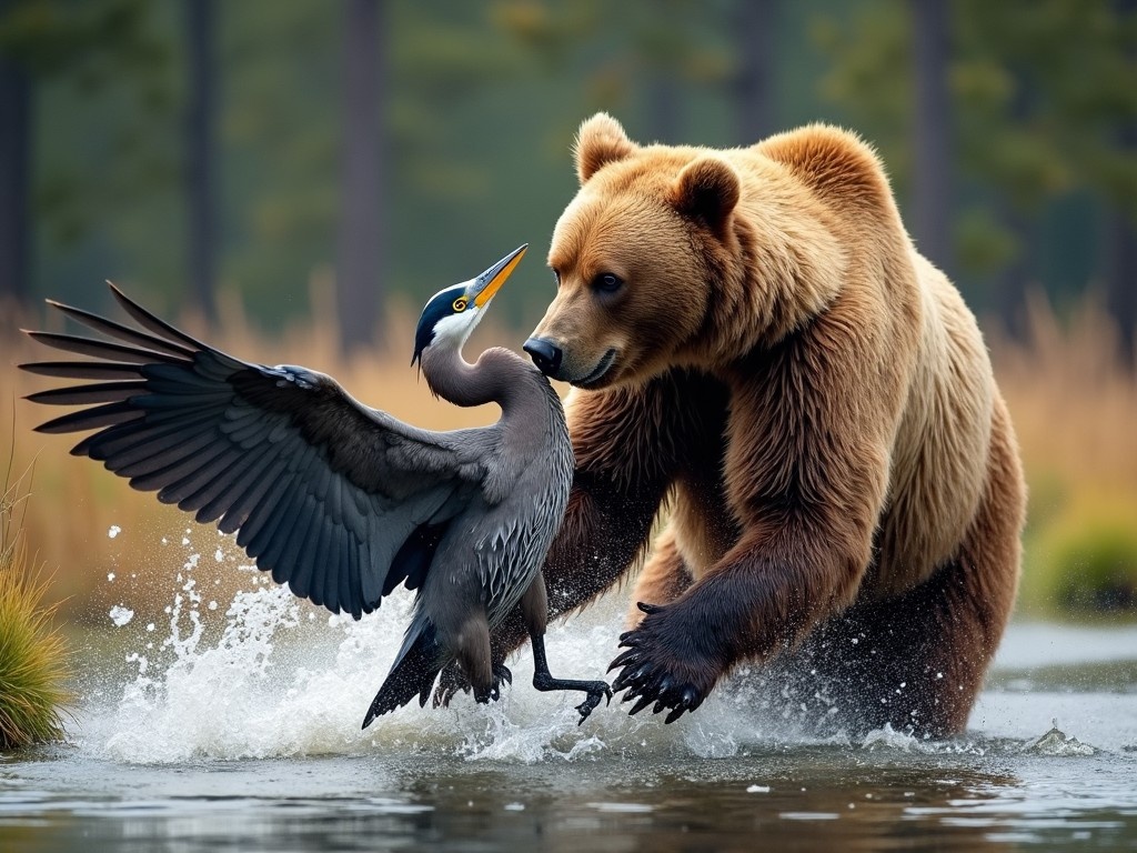 A grizzly bear is depicted wrestling with a heron in a serene water setting. The bear is in a playful yet assertive posture, trying to catch the heron. The heron has its wings spread wide as it attempts to escape, creating a sense of motion and urgency. The background features soft-focus trees and grasses, adding to the natural habitat setting. Bright colors enhance the liveliness of the scene, making it captivating and dynamic.