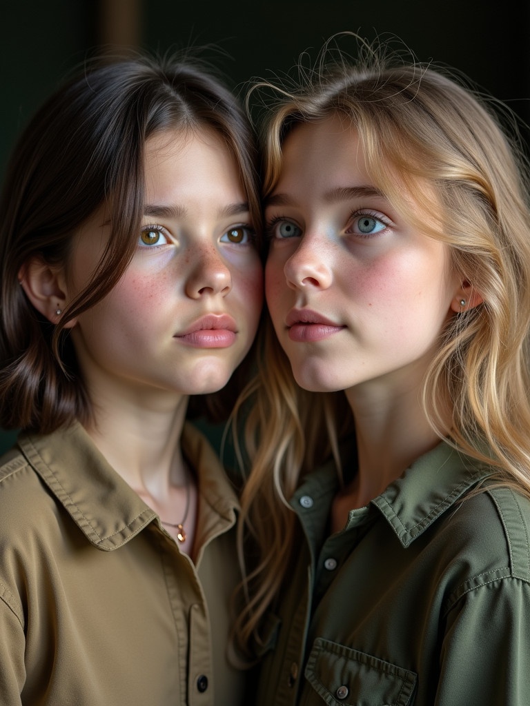 Two girls stand back to back. One girl has dark hazel hair and wears a tan military shirt. The other girl has honey-blonde hair in waves and wears a dark camo green shirt. They look away slightly. Soft natural lighting sets against a dark background.