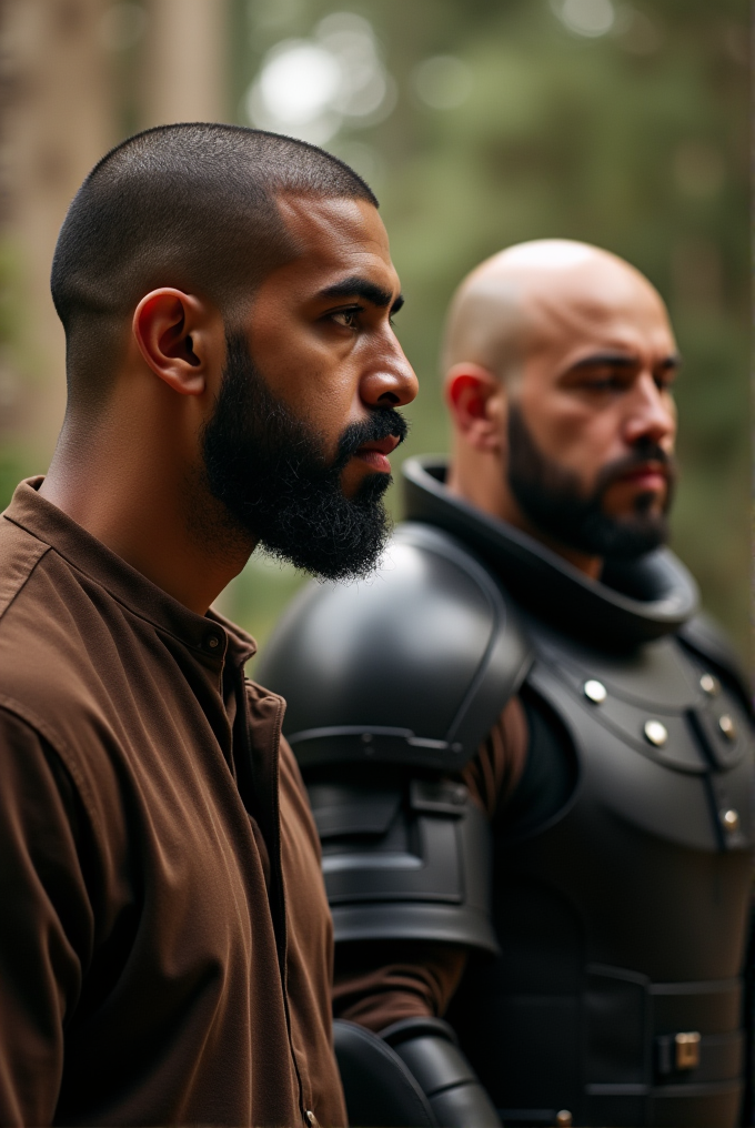 Two bearded men, one in a brown shirt and the other in black armor, stand side by side in a forest.