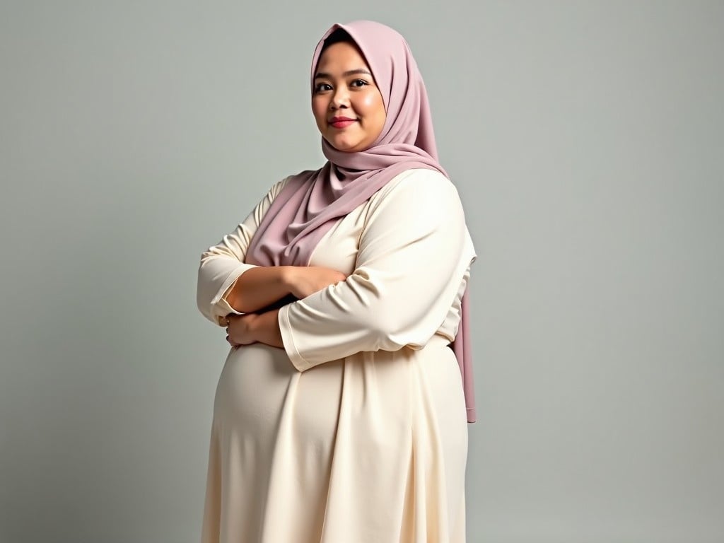 A plus-size Indonesian woman is standing confidently in a studio, dressed in a cream-colored abaya. She has a round face and showcases a natural makeup look. Her hair is covered with a light pink hijab that complements her outfit. The background is neutral, which highlights her presence in the foreground. The lighting is soft, creating a gentle atmosphere and emphasizing her features. The woman is looking directly at the camera, exuding confidence and warmth. She holds her arms crossed gently in front of her, showcasing her baby bump with pride.