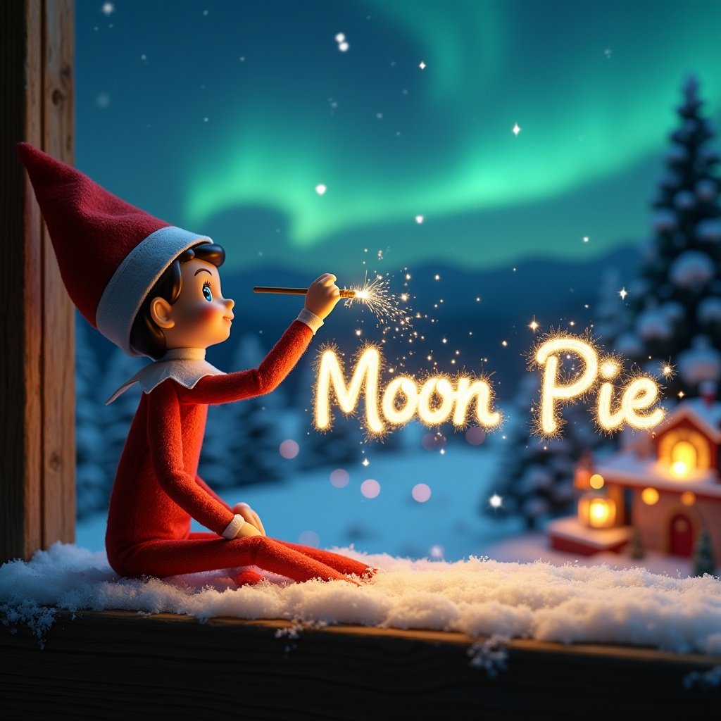 This image features a charming elf on the shelf, dressed in a classic red outfit, seated with its back to the viewer. The elf is gazing up at a captivating night sky filled with northern lights. Using a magical wand, the elf is writing the words 'Moon Pie' in sparkling letters in the fresh snow. In the background, a cozy Christmas scene unfolds with twinkling lights and a cheerful Santa. The atmosphere is festive and magical, capturing the essence of the holiday season.