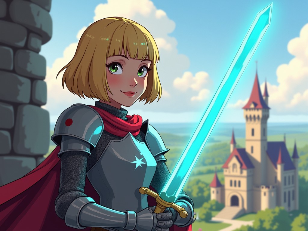 This digital illustration portrays a young female knight clad in sparkling armor with a glowing blue sword. She stands confidently against the backdrop of a fairytale-like castle under a bright, cloud-dotted sky. Her expression is calm and determined, exuding a sense of bravery and valor.