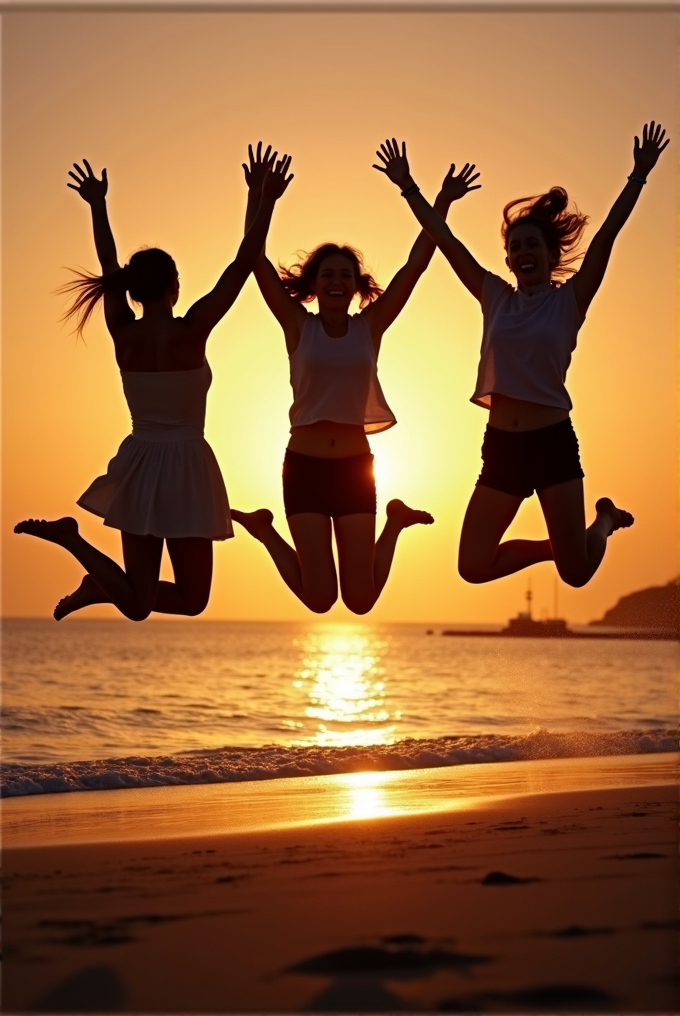 Three people jump joyfully on the beach against a vibrant sunset backdrop, with the sun's reflection shimmering on the water.