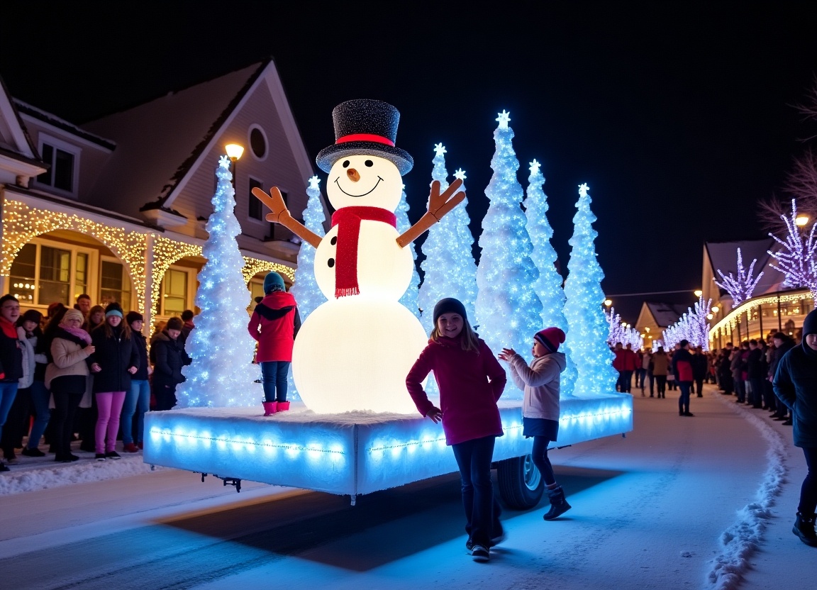 A winter wonderland parade float showcases a large, illuminated snowman. The snowman is surrounded by beautifully decorated snow-covered trees, with colorful lights enhancing the festive scene. Children are joyfully playing near the float, embodying the spirit of the winter season. The background features a crowd admiring the display, emphasizing the community aspect of the celebration. Overall, the image captures the essence of a winter-themed festival celebrating family and holiday cheer.