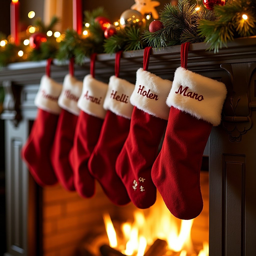 Five red Christmas stockings are hanging on a fireplace. Stockings are personalized with names. Fireplace is lit with a warm glow. Surrounding decorations include garlands and candles.