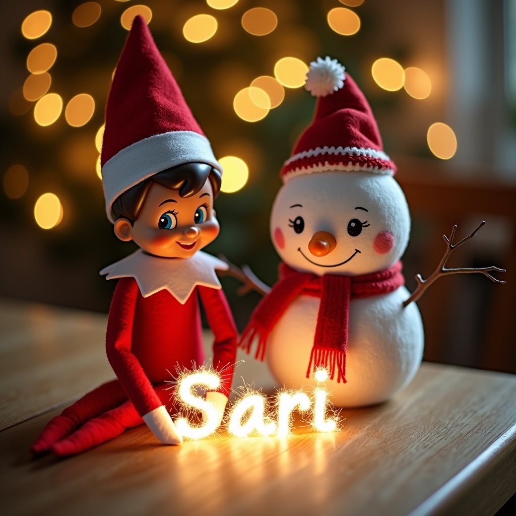 The scene is set during a joyful Christmas celebration featuring a cheerful elf on the shelf and an adorable snowman. They are playfully arranging sparkles on a wooden table to spell the name 'Sári'. The elf is dressed in a classic red and white outfit, while the snowman wears a friendly smile and a red scarf. The background is softly illuminated with twinkling lights, creating a warm and inviting atmosphere. This delightful interaction captures the essence of holiday cheer and togetherness during the festive season.