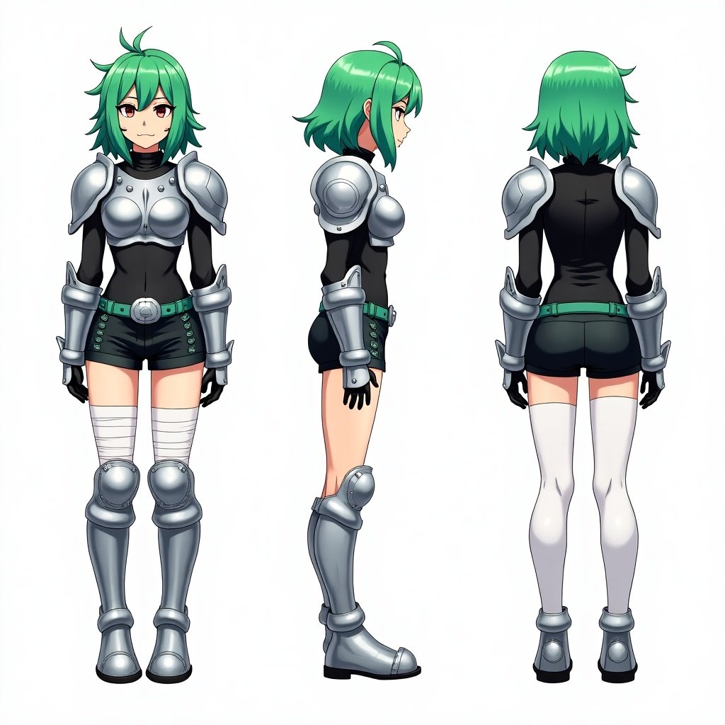 Anime mercenary tomboy with green hair. Large silver shoulder pads worn. Chest plate over black shirt. Black short jeans with green belt. Metal gauntlets and shin pads present. White tights cover legs completely. Three views presented: front view side view back view.