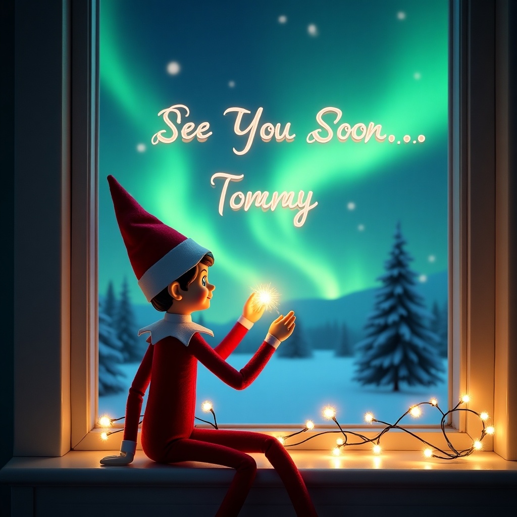 This image depicts an elf on the shelf character sitting by a window during the enchanting Christmas season. The elf gazes out at the spectacular northern lights that illuminate the night sky in vibrant colors. Delicate fairy lights are draped along the window sill, adding to the festive mood. In its hand, the elf holds a small spark, representing hope and excitement for the upcoming holidays. Above the elf, the message 'See You Soon... Tommy' is beautifully written in the night sky, adding a whimsical touch to this magical scene.