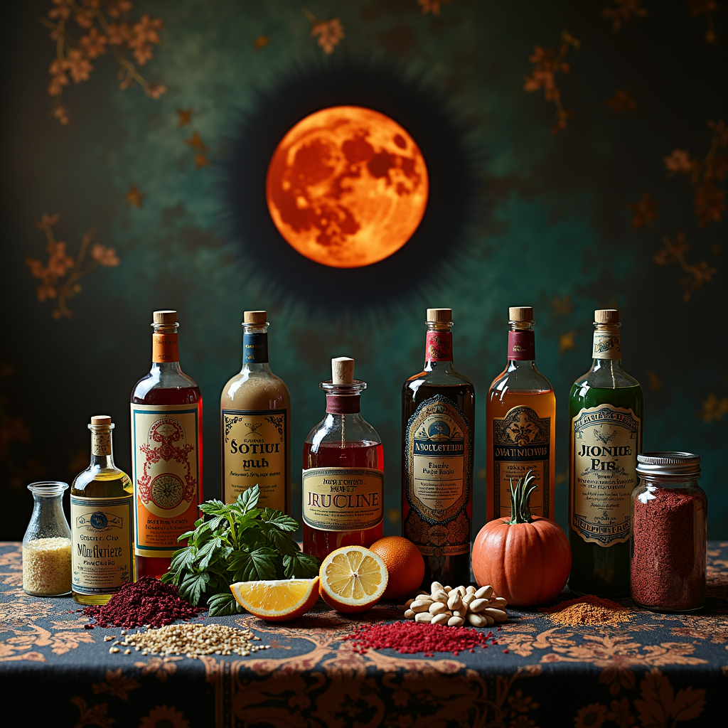 A collection of ornate bottles and spices on a patterned table, set against a backdrop featuring a vivid red moon.