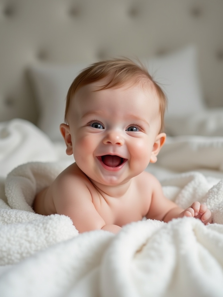 An infant lying on a plush blanket in a cozy setting. The baby appears content and happy. Light soft and inviting. The image evokes tenderness and joy.