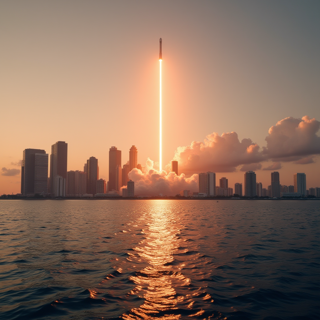 A rocket launches into the sky above a city skyline at sunset, reflecting on the water below.