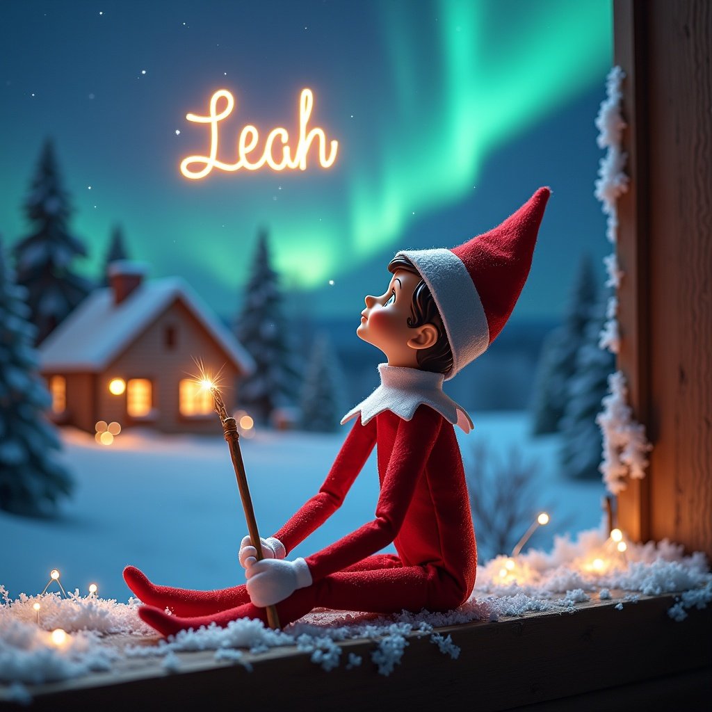 Elf on the shelf sits with back to viewer gazing skyward holding glowing wand. Christmas scene with northern lights and cozy house in distance. Snow covers the ground. Elf embodies magic of Christmas. Name Leah appears in air from wand.