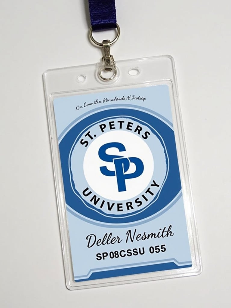 ID card for St. Peters University. Student name is Deller Nesmith. Student ID number is SP08CSU055. Card features blue and white design. Lanyard attached to display card.