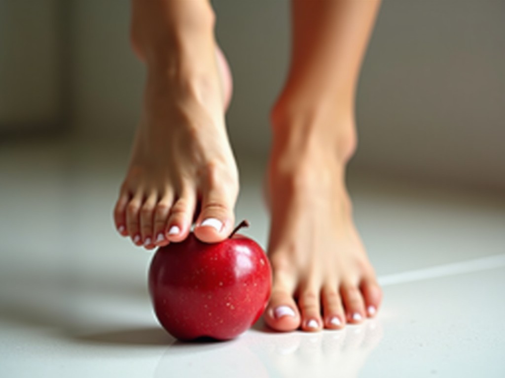 The image features the bare feet of a young beautiful woman gently stepping on a shiny red apple. The soft lighting accentuates her smooth skin, emphasizing the natural beauty of her foot. The natural light enhances the vibrant color of the apple and the shine of her white nail polish. This composition creates a fresh and inviting atmosphere, suggesting a connection between health and beauty. Overall, the image exudes a sense of elegance and wellness, appealing to those interested in lifestyle and beauty themes.