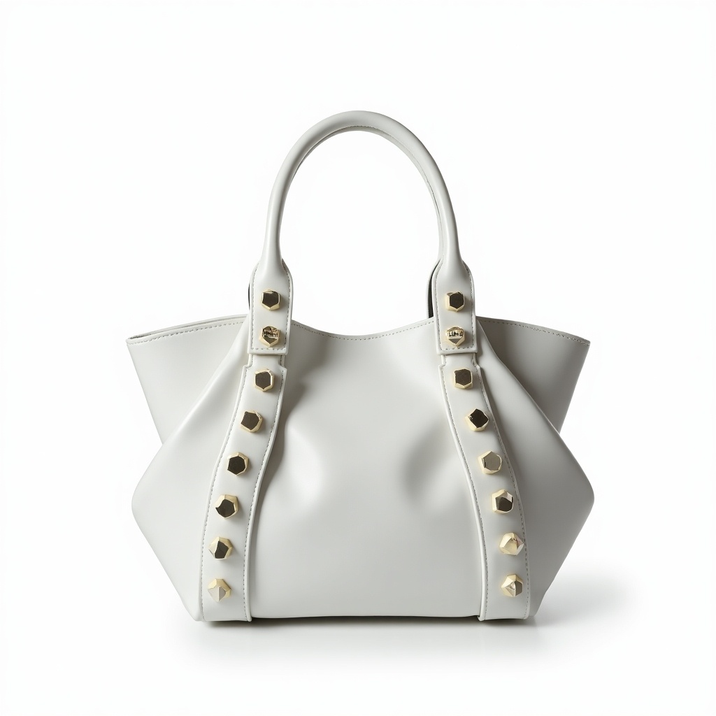 This image showcases a striking oversized handbag from Valentino's haute couture collection. The handbag features a sleek white finish with a modern, futuristic design. It is uniquely adorned with polished acrylic studs that add a lavish touch. The overall shape is contemporary and eye-catching, making it a statement piece. The backdrop is a clean, white background, emphasizing the elegance of the handbag.