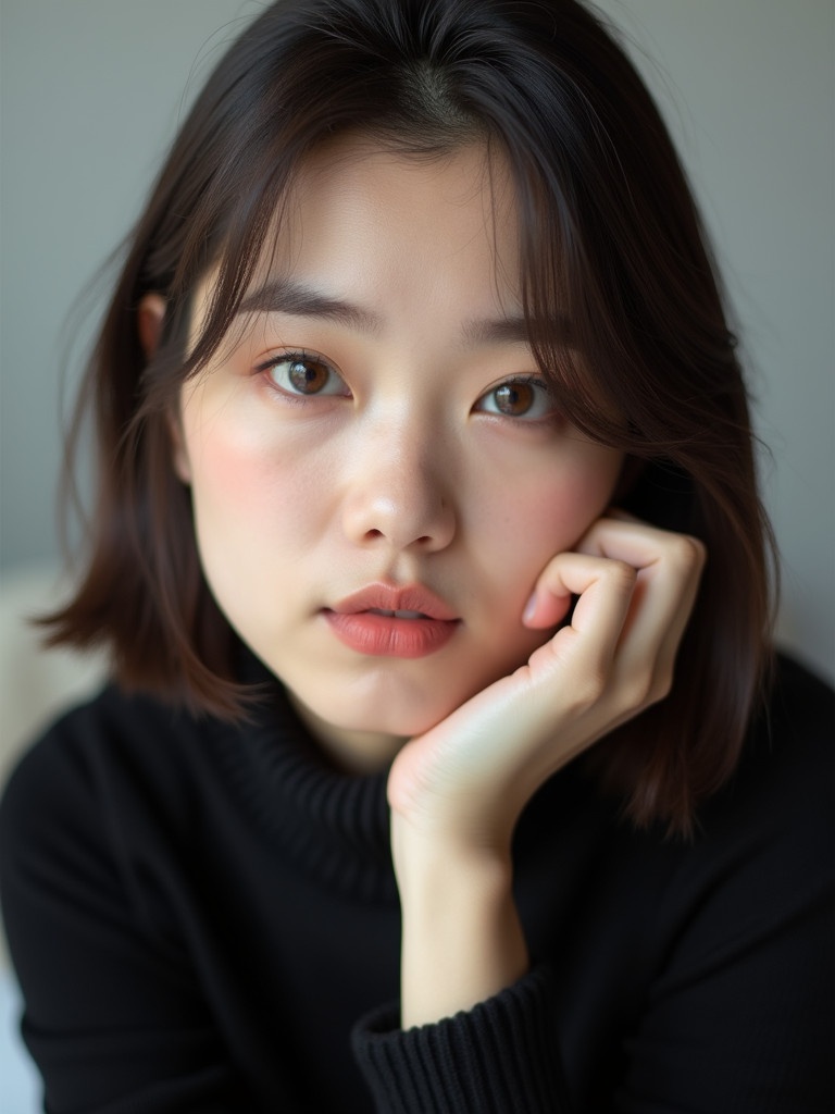 Close-up portrait of a young woman with a light-medium complexion. Hair styled in a sleek straight bob. Dark brown color. Wearing a simple black long-sleeved top. Subtle and natural makeup with highlight and blush. Light rosy-nude lip color and subtle eyeshadow. Leaning slightly forward with her head resting on her hand. Calm and thoughtful expression. Pale gray background. Natural lighting creates soft shadows. Minimalist esthetic.