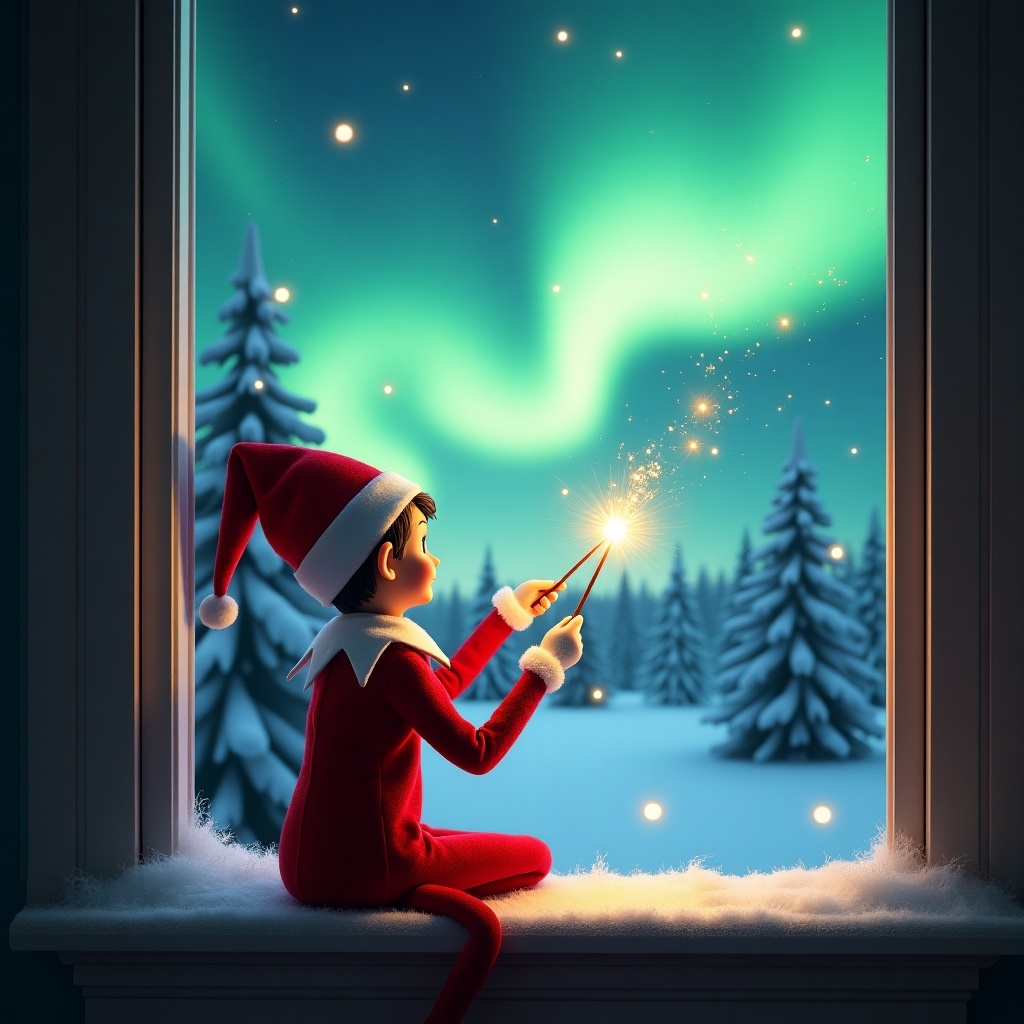 The image features an adorable elf on the shelf sitting on a window ledge, with his back turned to the viewer. He is using a magical wand to create twinkling sparks while looking up at a stunning display of northern lights. The background is set in a winter wonderland, filled with snow-covered pine trees, conjuring a festive holiday feel. Dressed in a vibrant red outfit with white trim, the elf embodies the Christmas spirit. The scene is illuminated by the enchanting colors of the aurora borealis, enhancing the magical ambiance. The name 'Orion' is whimsically drawn in the sky among the sparkling lights.