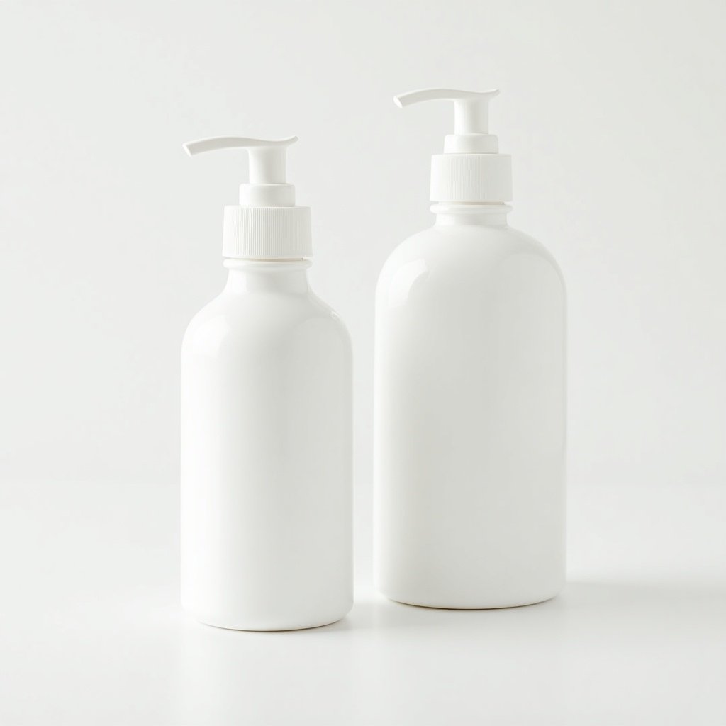 Plain white skincare bottles on a minimal background. The bottles are in varying sizes and feature pump tops. The design is sleek and modern, without any labels or different colors.