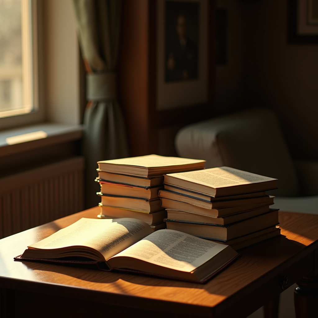 A wooden table holds stacks of open and closed books bathed in warm sunlight.