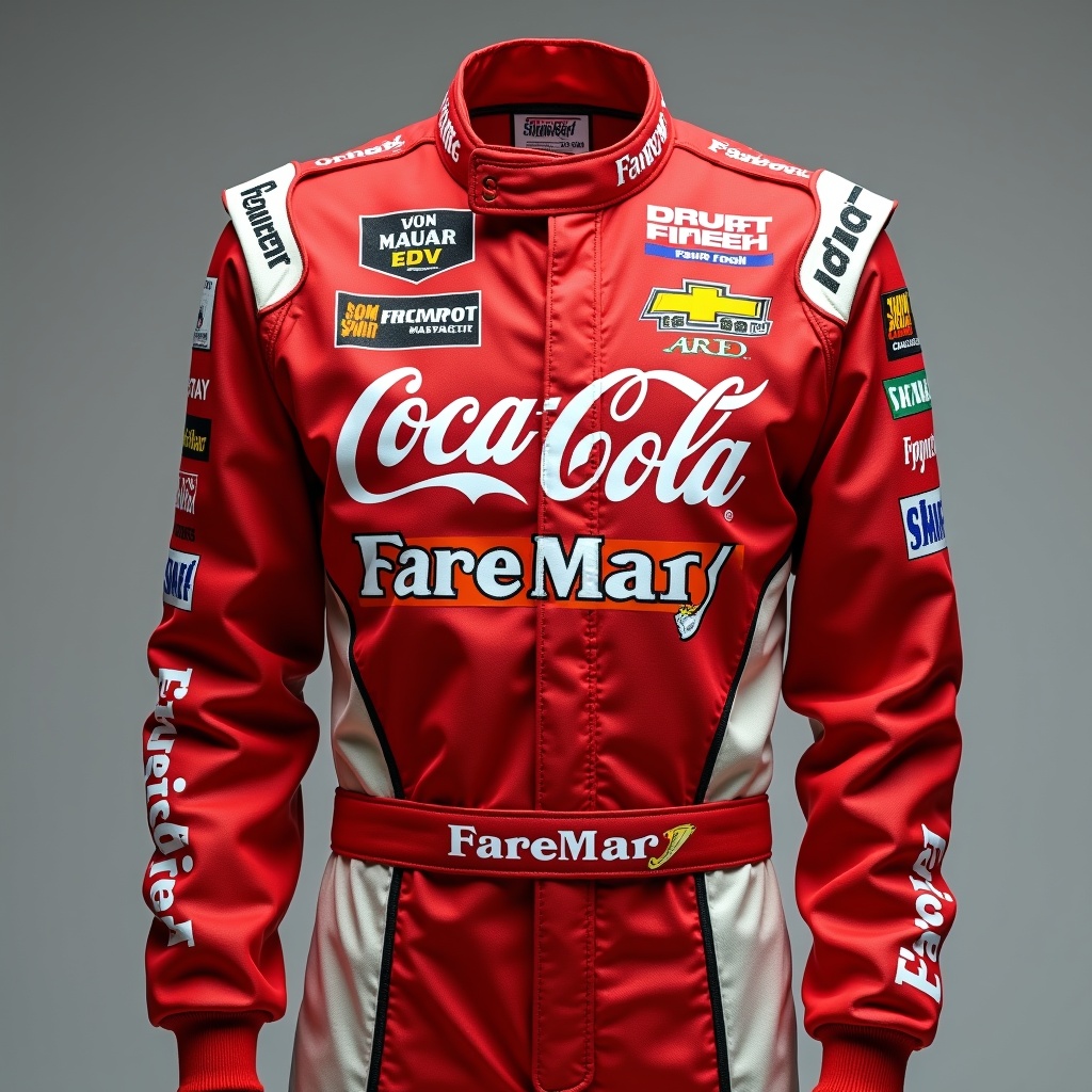 An image showcasing a sprint car fire suit prominently featuring the Coca-Cola logo across the chest. The suit is bright red, with additional sponsor logos like von Maur and Fareway integrated throughout the design. The lighting is bright, capturing the intricate details and logos clearly. The suit is tailored for racing events, representing the vibrant culture of motorsport. It serves as a powerful subject for advertising and promotional purposes, embodying sponsorship in the racing world.