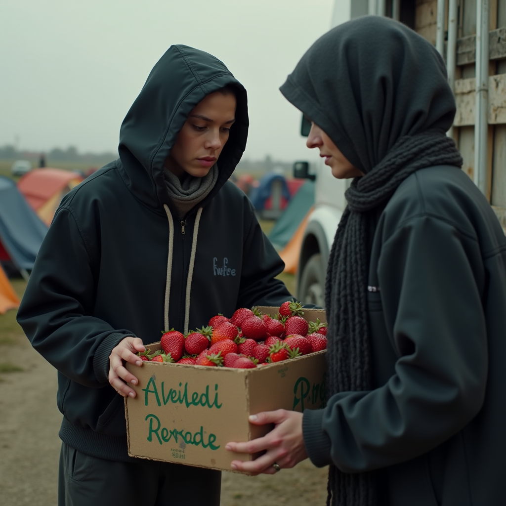 Two individuals in hoodies exchange a box of fresh strawberries on a misty morning near a campsite.