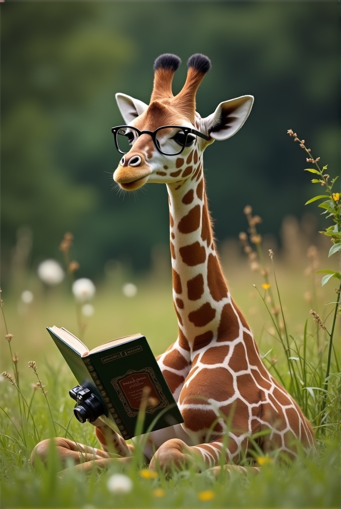 A giraffe sitting in a field, wearing glasses, and reading a book.