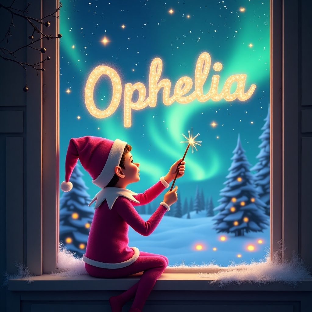 The image features an elf sitting on a window ledge, with his back to the viewer, looking up at the sky. He is using a wand to write the name 'Ophelia' in shimmering letters made of light. The background is magical, showcasing a beautiful Christmas scene with twinkling stars and colorful northern lights. The elf is dressed in a pink outfit and a pointed hat, emphasizing the festive holiday spirit. Snow can be seen on the window ledge, adding to the winter charm.