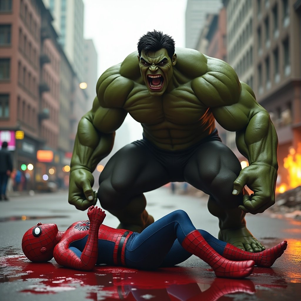 Spider-Man laying on ground covered in blood. Hulk stands beside him roaring in anger. Background features a destroyed city.