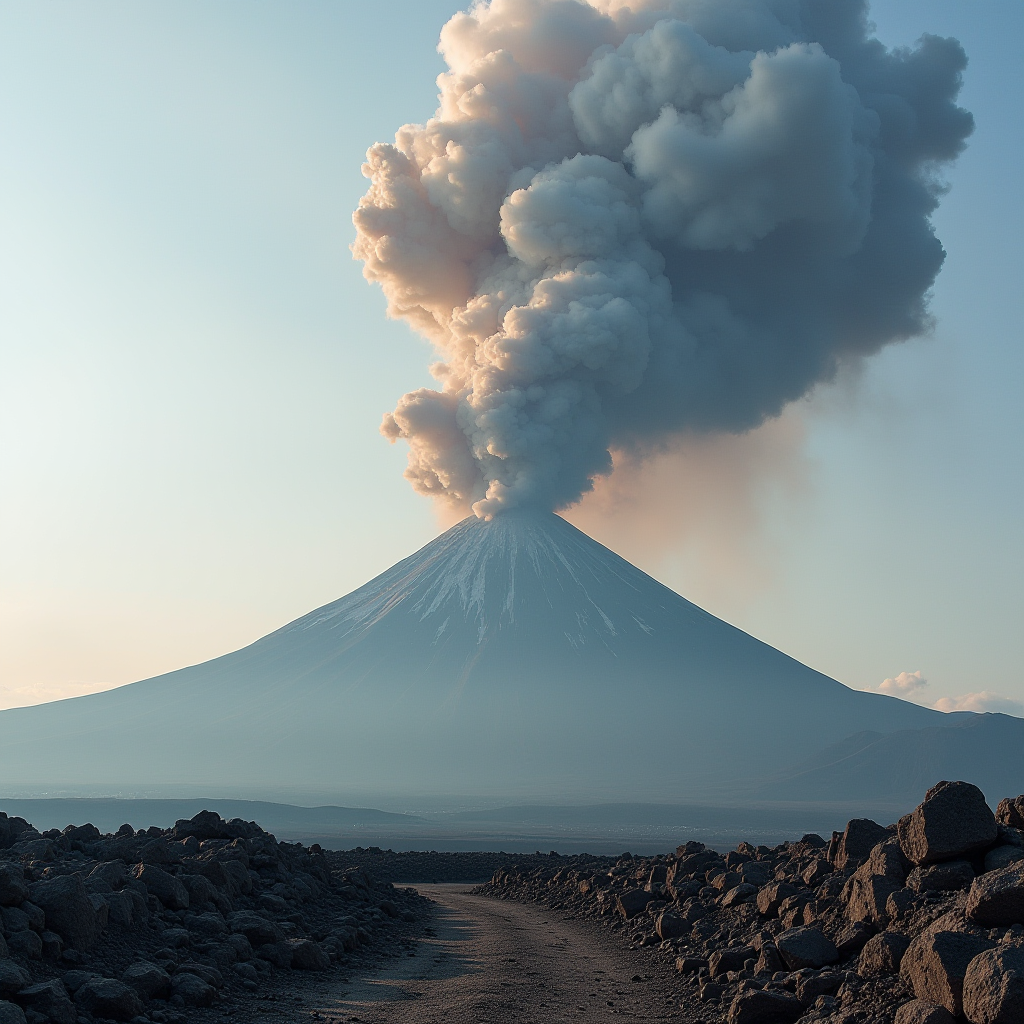 The image shows a volcano erupting with a large plume of smoke rising into the sky.