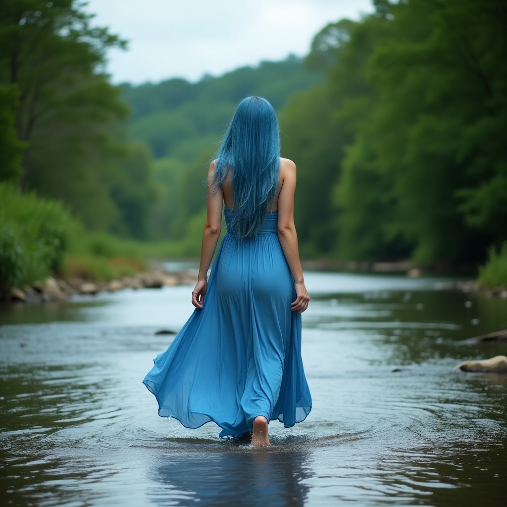 Scene of a woman walking through a shallow river. She has long blue hair and wears a flowing blue dress. The atmosphere is tranquil and natural. Surrounded by green foliage. Overcast sky suggests calmness.