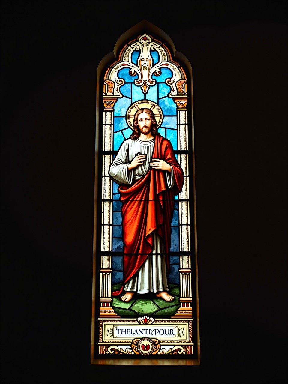 Stained glass window depicting Jesus Christ. Bright colors and intricate details. Religious symbol in a church setting. Decorative art form expressing spirituality.