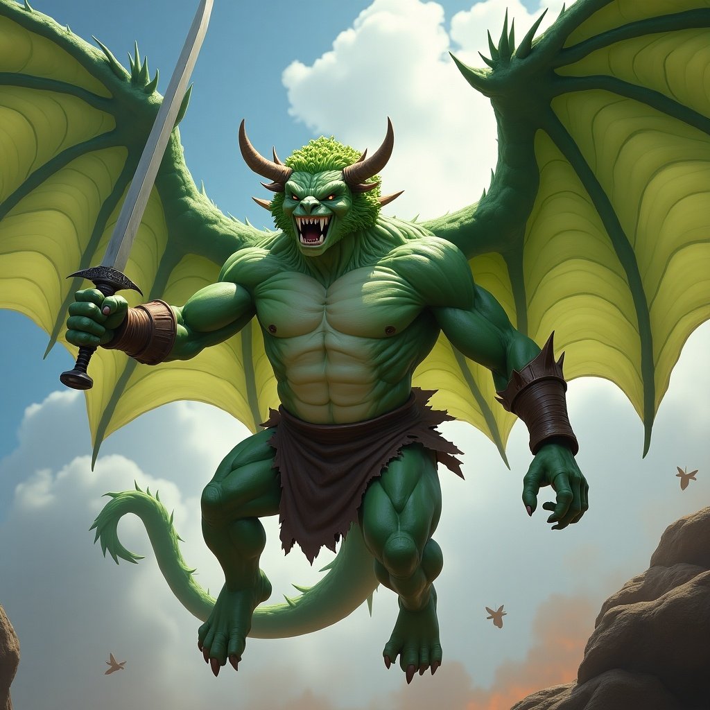 Artwork features a powerful cabbage with wings. Cabbage holds a large sword. Muscular physique emphasizes warrior nature. Background shows a dramatic sky. Artwork embodies mythology and fantasy elements in a striking portrayal.