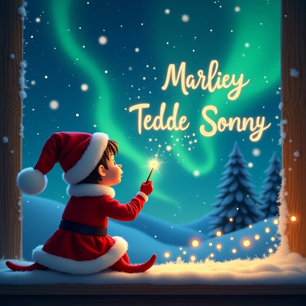 The scene depicts an elf on the shelf, sitting on a window ledge, with his back facing the viewer. He is using a wand to write in the sky. The background is a magical Christmas landscape featuring stunning northern lights and a snowy environment. Above the elf, the names 'Marley', 'Tedde', and 'Sonny' are elegantly written in the sky. The surroundings are filled with twinkling stars and softly glowing light, creating an enchanting holiday atmosphere. The elf, dressed in a classic red outfit and hat, exudes a sense of wonder and joy.