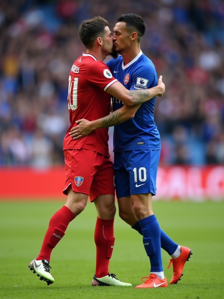 Two soccer players embrace on the field. One wears a red jersey. The other wears a blue jersey. The image conveys teamwork and sportsmanship.