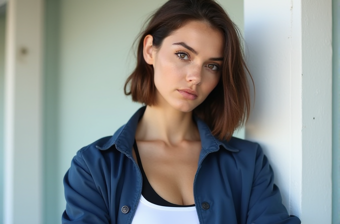 A person poses gracefully, wearing a blue jacket and a white top, with an intense gaze against a soft backdrop.