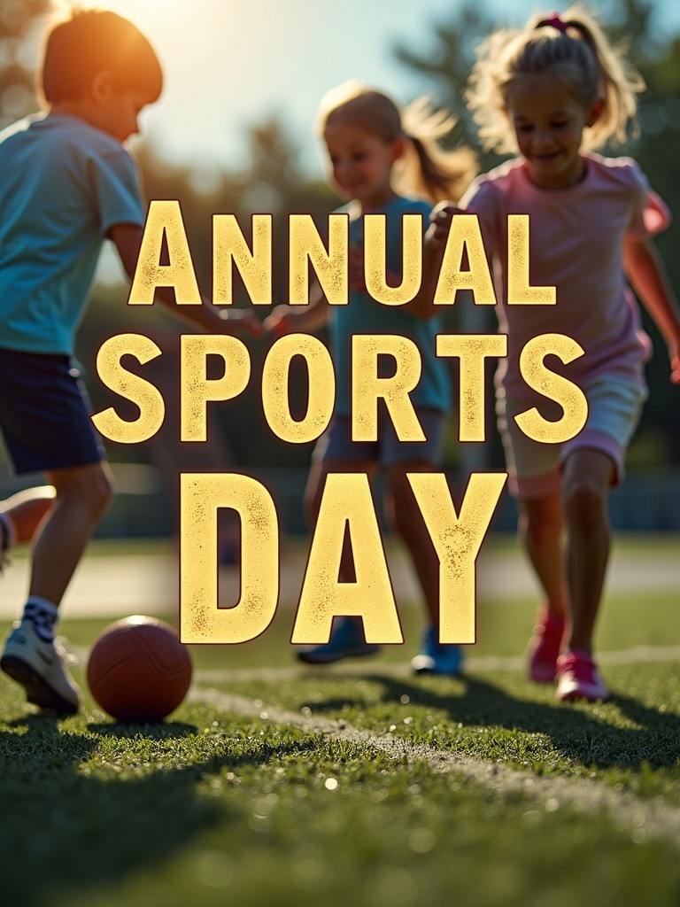 Vintage-style invitation card. Text 'Annual Sports Day' in gold letters. Children engaged in sports activities background. Warm natural lighting enhances vintage aesthetic. Card designed for community or school sports event. Blends stylish typography with lively atmosphere.