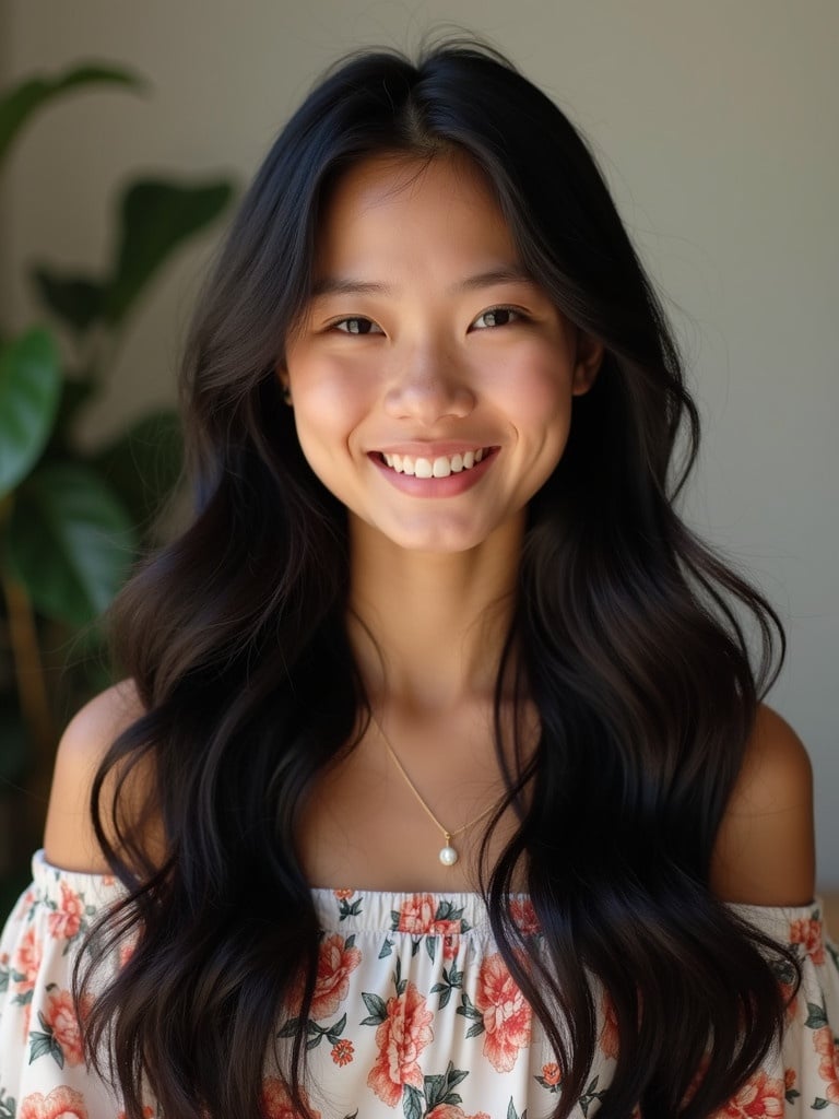 A young woman with long black hair wearing a floral top smiling at the camera. She appears to be around 15. She stands against a light background with plants in the view.