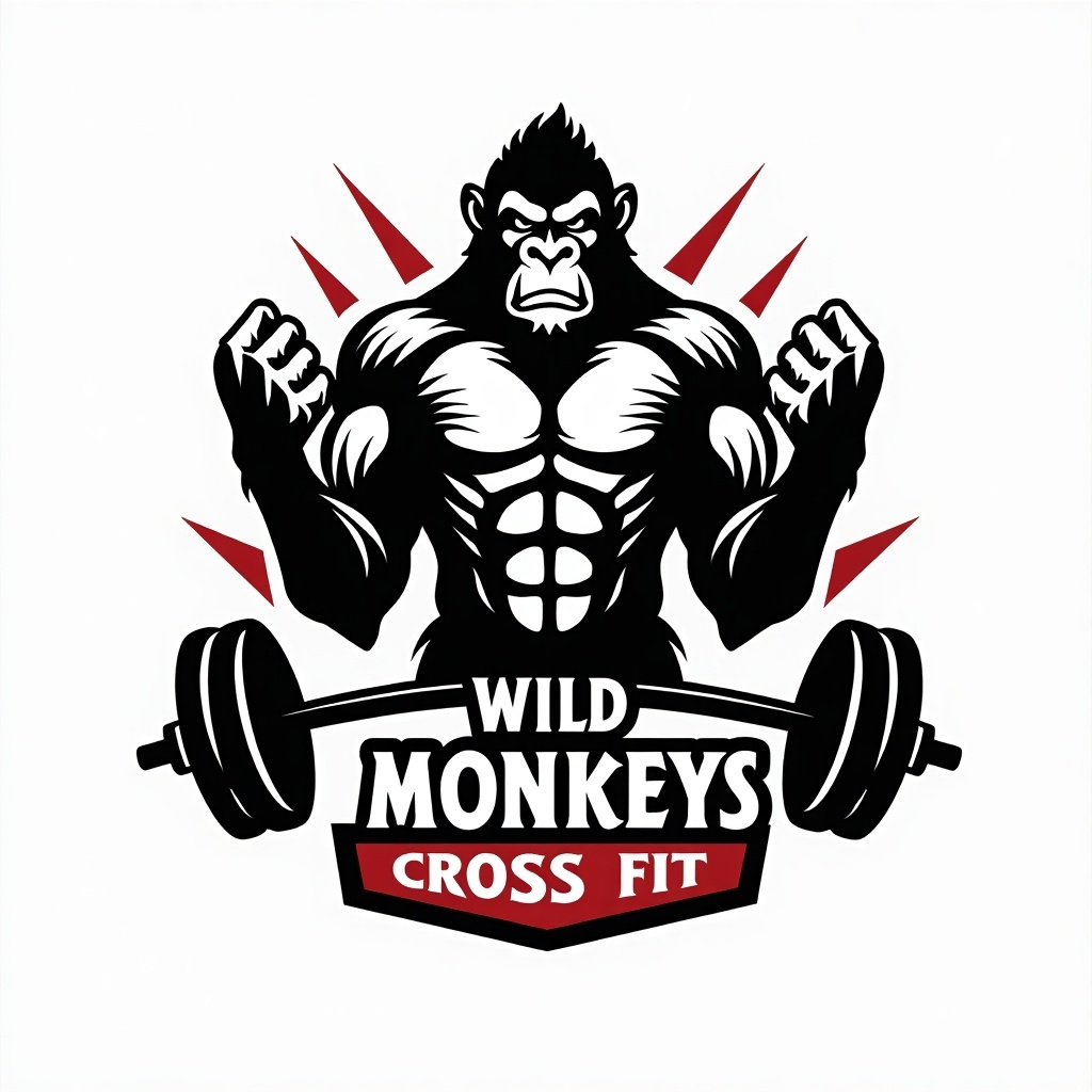 A logo-style design featuring a muscular gorilla lifting weights, with a dynamic and fierce expression. The gorilla is centered, showcasing strong arms and a powerful posture. Surrounded by minimalist elements that emphasize strength and fitness, it gives a bold impression. The phrase 'Wild Monkeys Cross Fit' is integrated into the design in a modern, angular font. The color scheme is monochromatic with accents of red and black to convey energy and power, making it ideal for a CrossFit brand.