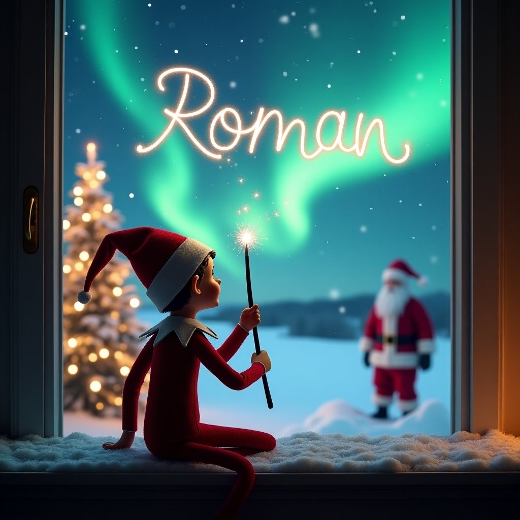 An enchanting Christmas scene features an elf on the shelf with his back to the viewer, gazing up at a magical sky. The elf is using a wand to elegantly write the names 'Roman' in the air. In the background, the landscape is illuminated by beautiful northern lights and adorned with a Christmas tree sparkling with lights. Santa Claus is visible in the distance, creating a whimsical and festive atmosphere. Snow gently covers the window ledge, adding to the cozy feel of the scene.