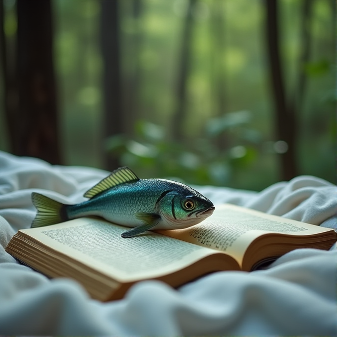 A fish rests atop an open book, set against a serene forest backdrop.