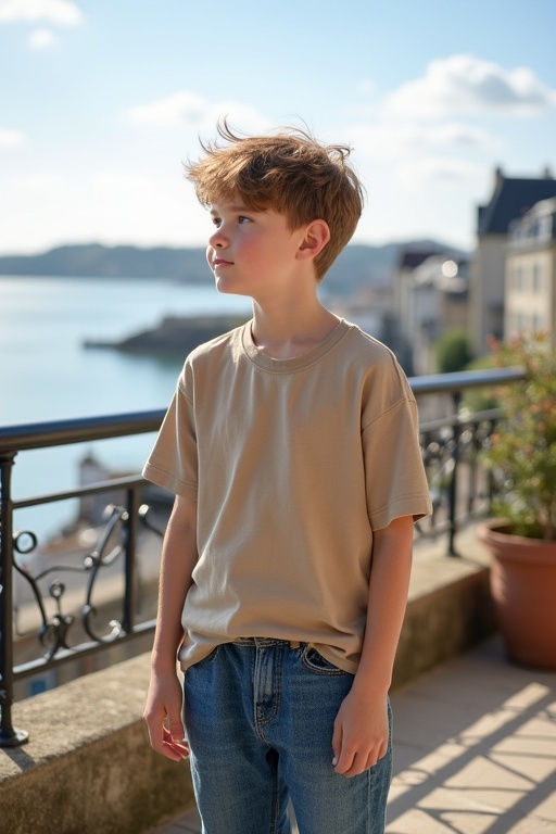 A young boy stands on a balcony wearing a large natural-colored shirt and blue jeans. His light brown hair is tousled. The background shows a sunny harbor in Normandy. The scene feels peaceful and quiet.