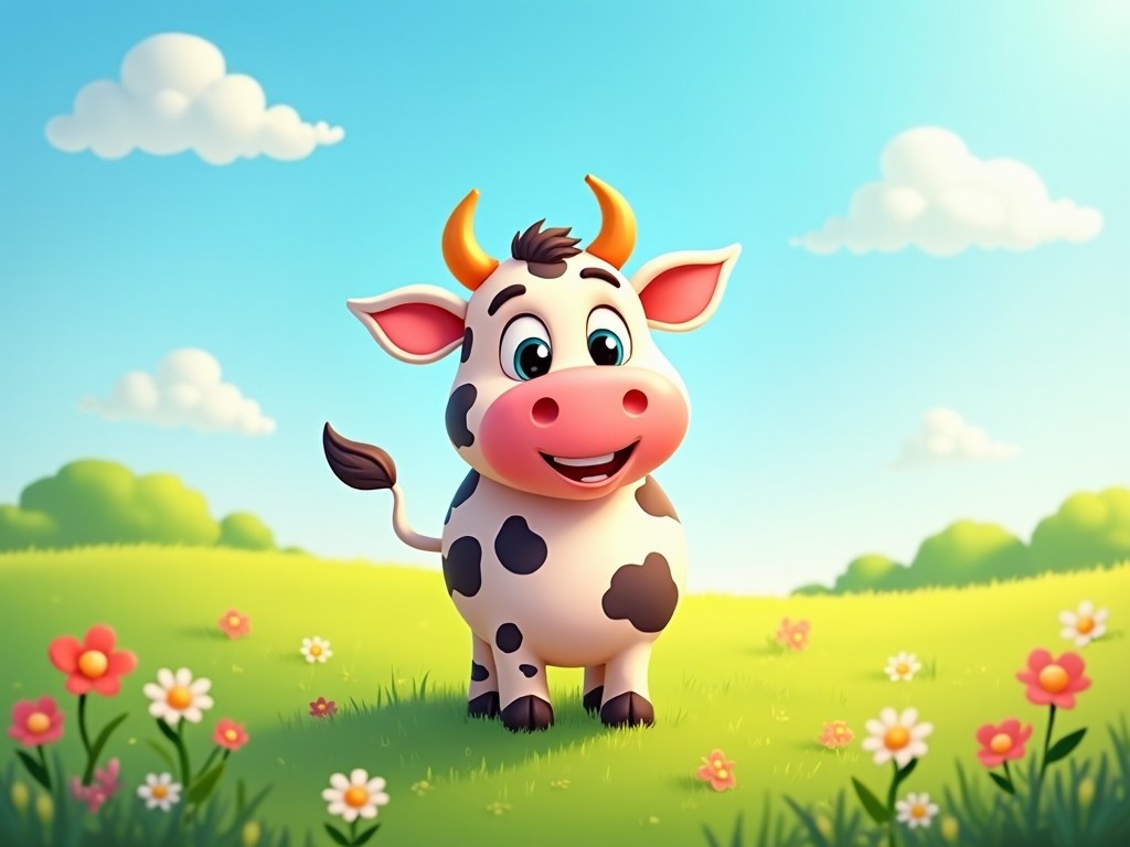 This image depicts a cartoonized cow standing happily in a green meadow. The cow has large, expressive eyes and a big smile, emphasizing a friendly demeanor. It features brown patches on its white body, and small orange horns that contribute to its cheerful appearance. The background is filled with a bright blue sky, fluffy white clouds, and colorful flowers, creating a vibrant, joyful atmosphere. This delightful scene is perfect for children's content, illustrating the fun side of farm life.