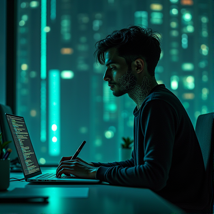 A person is working on a laptop with code on the screen, in a dimly lit room with city lights in the background.