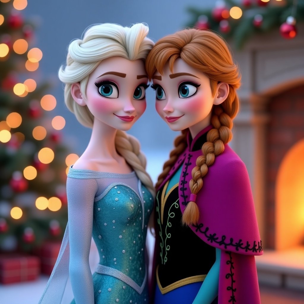 Elsa and Anna dressed in winter outfits celebrate Christmas together. Background features Christmas trees, a fireplace, and soft lights. The Christmas tree adorned with red ornaments attracts attention.