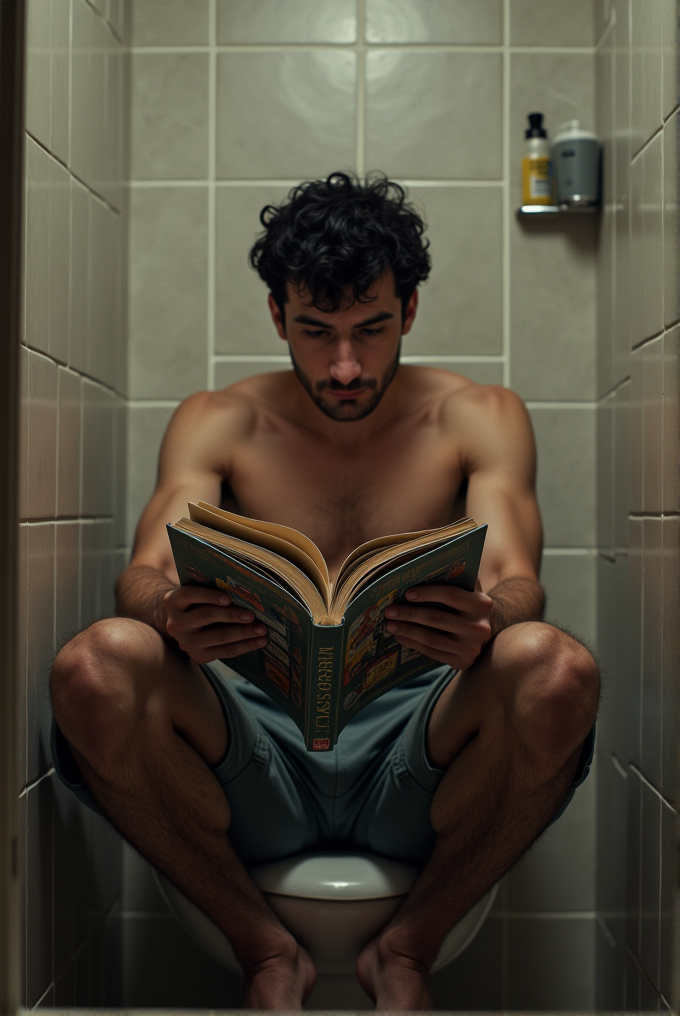 A person is sitting on a toilet reading a book in a small tiled room.