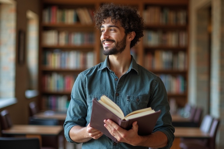 Male student stands in university library reading a book. Bookshelves are filled with various books in the background. The atmosphere feels calm and studious.