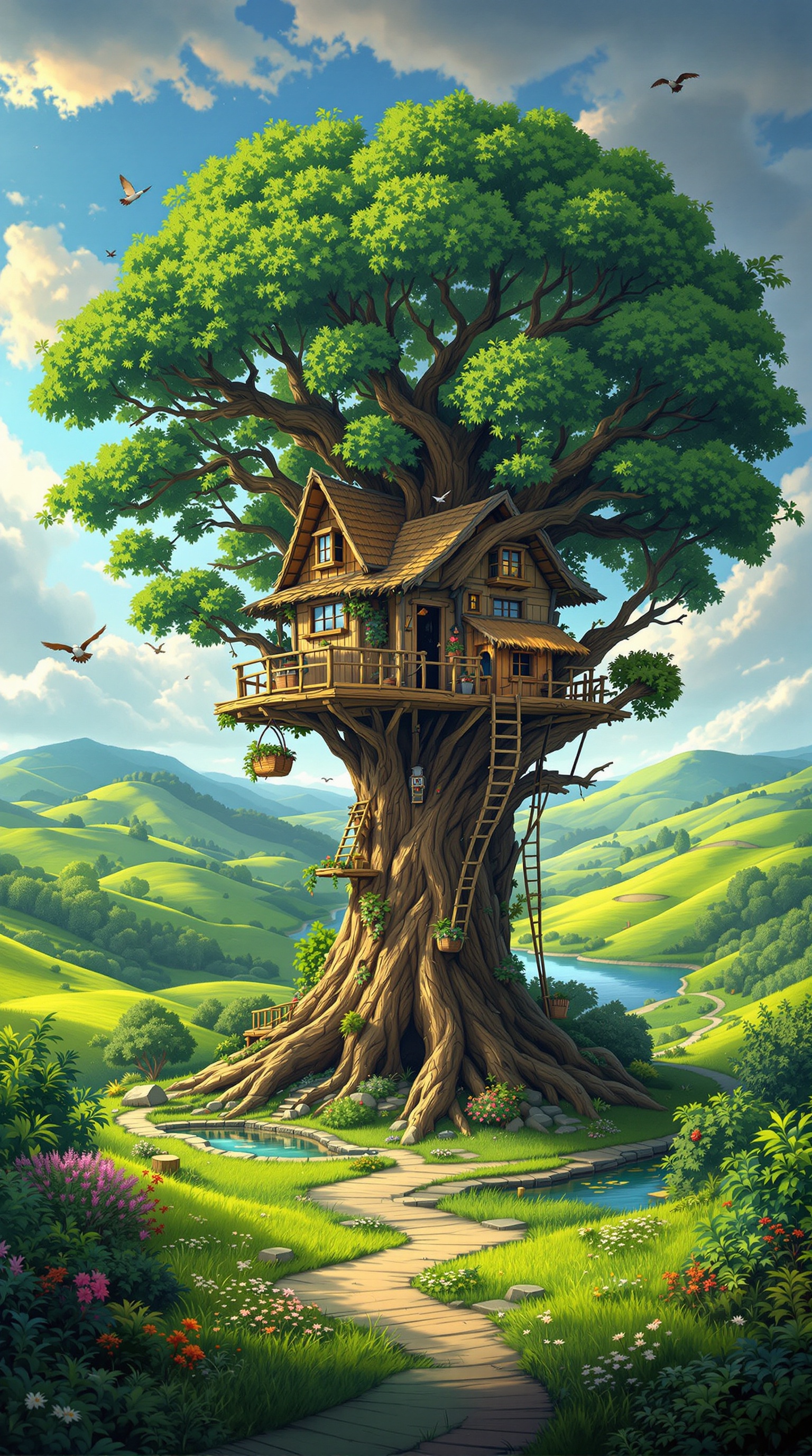 A charming treehouse with a thatched roof and rustic wooden walls. It is elevated on stilts and supported by tree branches. A wooden ladder leads to the entrance. Small windows and a balcony are visible. The tree has a thick gnarled trunk and sprawling roots. The scene includes rolling hills, a winding river, and vibrant greenery. Sunlight breaks through fluffy clouds creating a serene atmosphere. Birds are flying in the sky above.